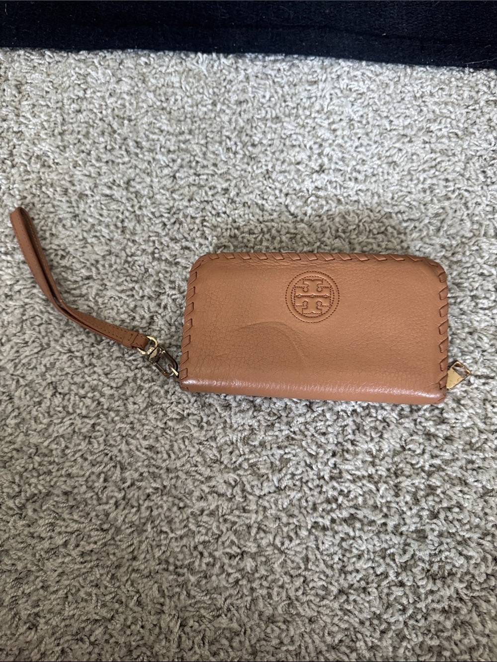 Tory Burch Cognac Leather Wristlet with Whipstitch Trim
